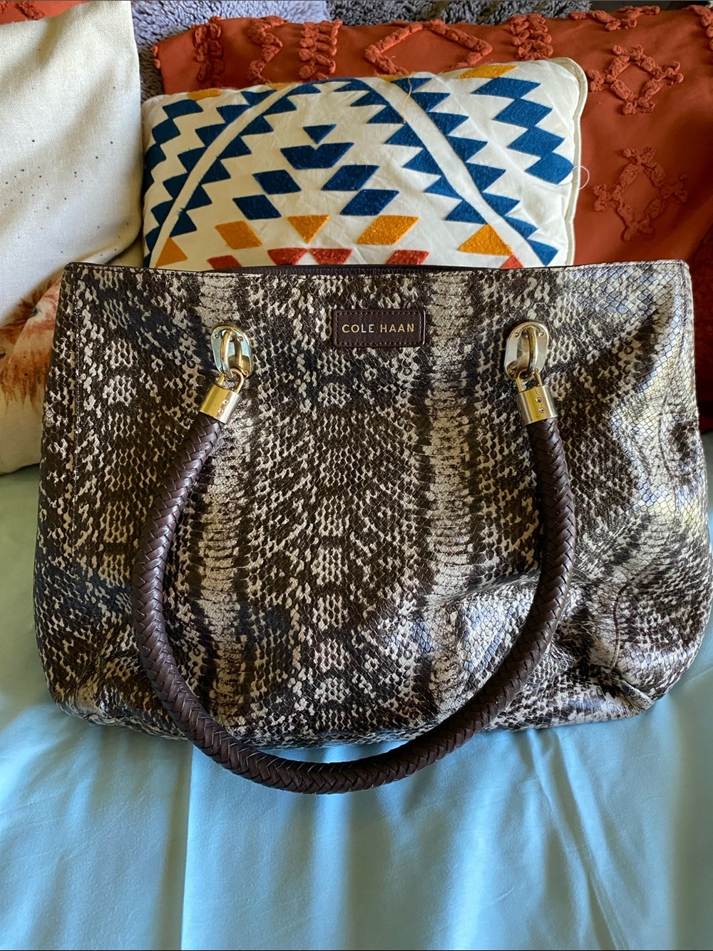 Cole Haan Brown and Cream Snake-Print Tote with Braided Handles and Dust-bag